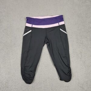 Lululemon Pants Womens 6 Black Purple Running Crop‎ Capri Reflective Ruched Mesh